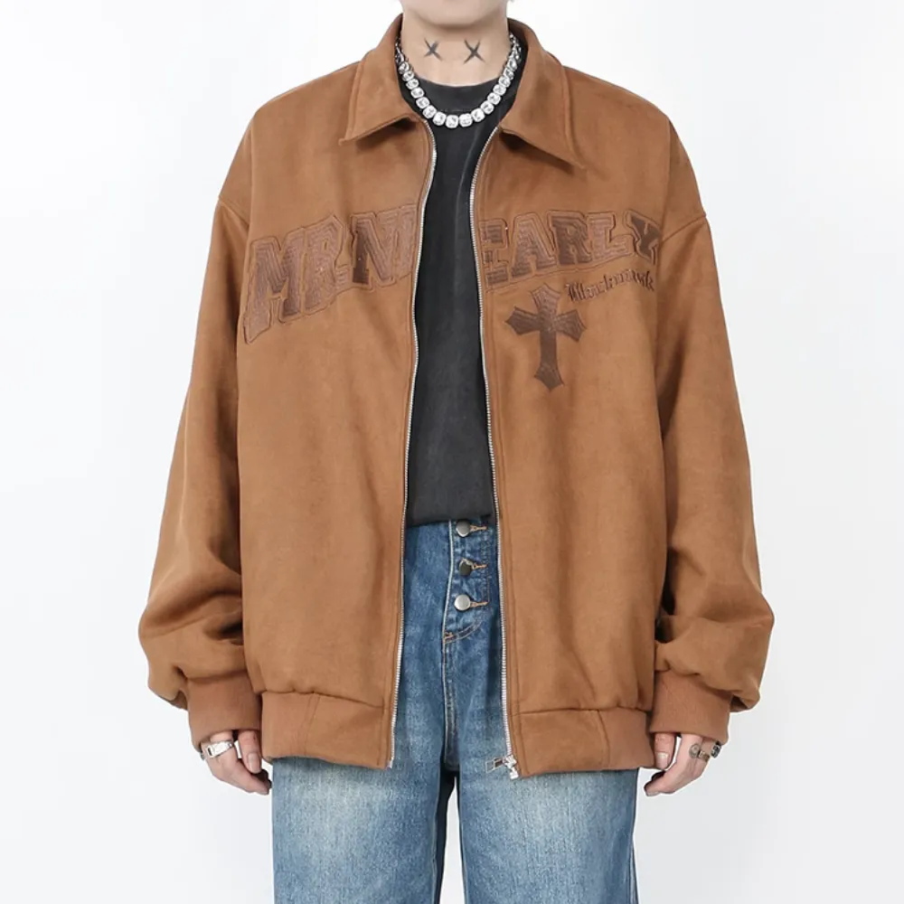 Cross Embroidered Suede Lapel Jacket