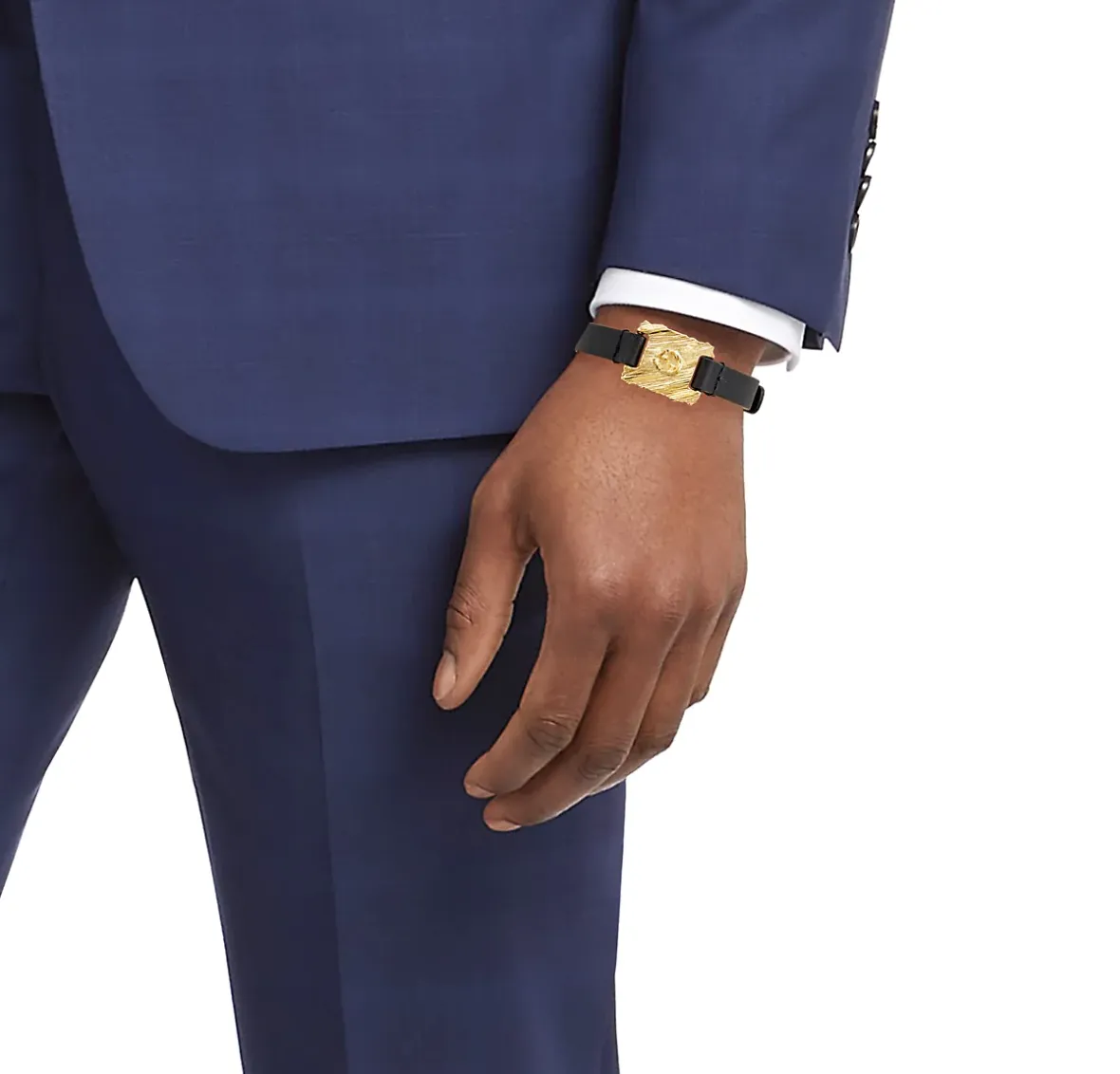 Gucci GG Textured Metal & Leather Bracelet in Black and Gold