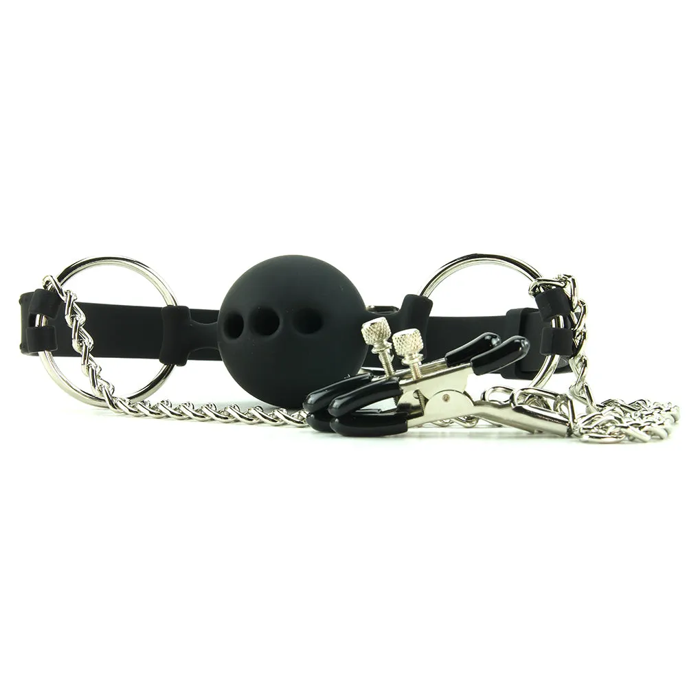 Hinder Breathable Ball Gag & Nipple Clamps
