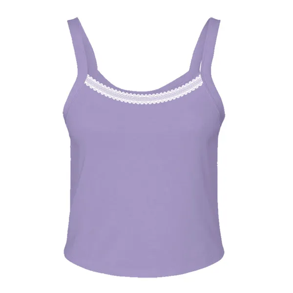 Rib Tank with Spaghetti Straps and Lace Trim