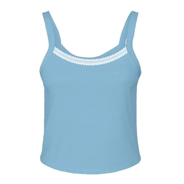 Rib Tank with Spaghetti Straps and Lace Trim