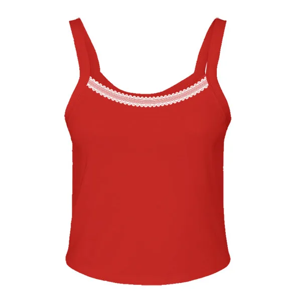 Rib Tank with Spaghetti Straps and Lace Trim
